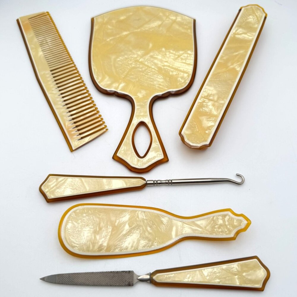 Deco Wilcox Vanity Set Comb Box Hook File Shoe Horn Mirror Celluloid Bakelite